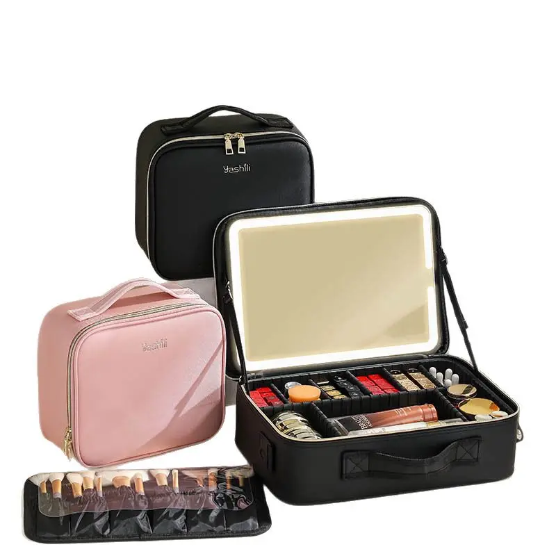 

Дорожная косметичка с зеркалом со светодиодной подсветкой, чехол для макияжа с регулируемыми перегородками для дома, подарка, отдыха