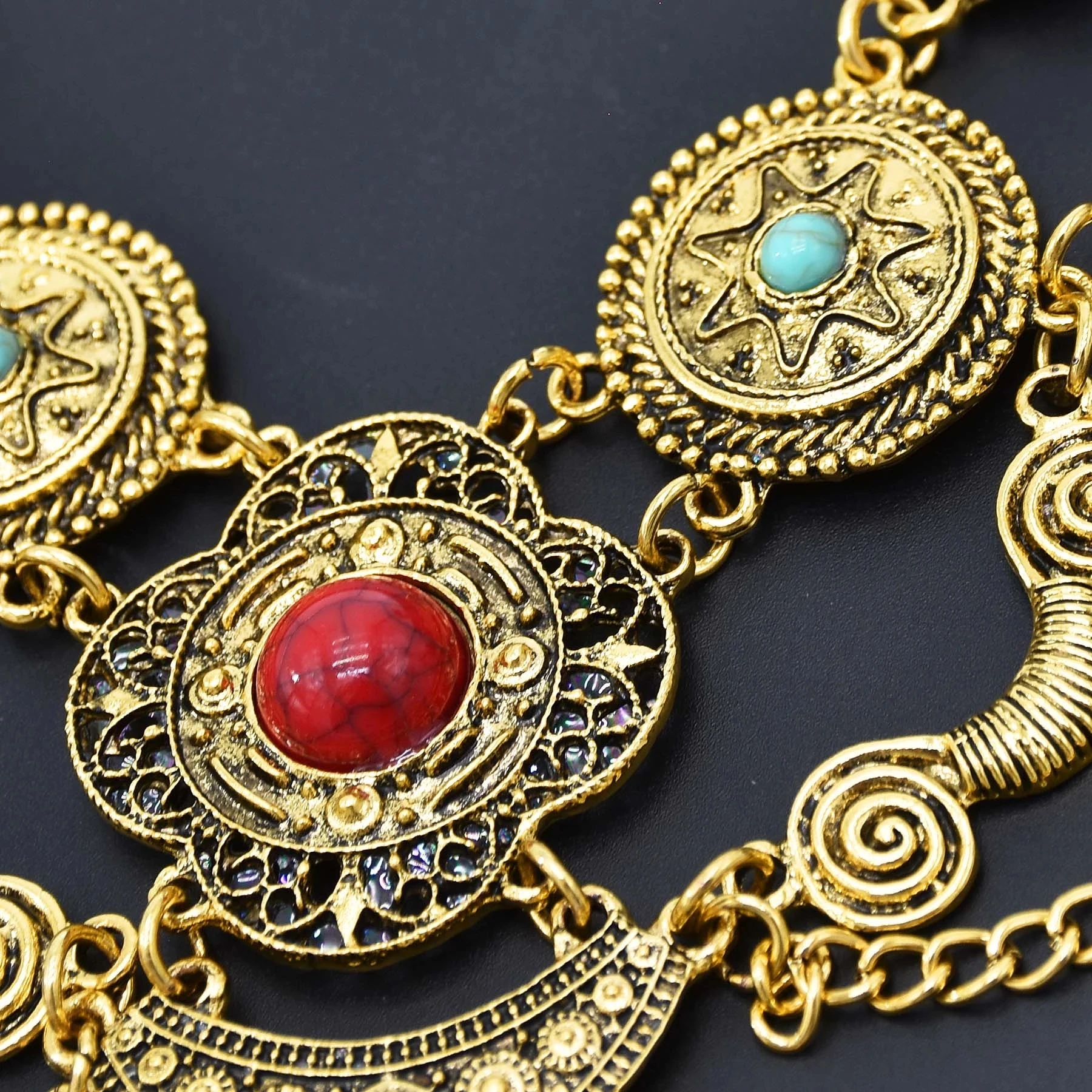 Vintage goldene silbrige Statement-Halskette für Frauen, bunte Strasssteine, lange Ketten, Halsketten, Gypsy, Boho, ethnischer Halsschmuck – Detail 25
