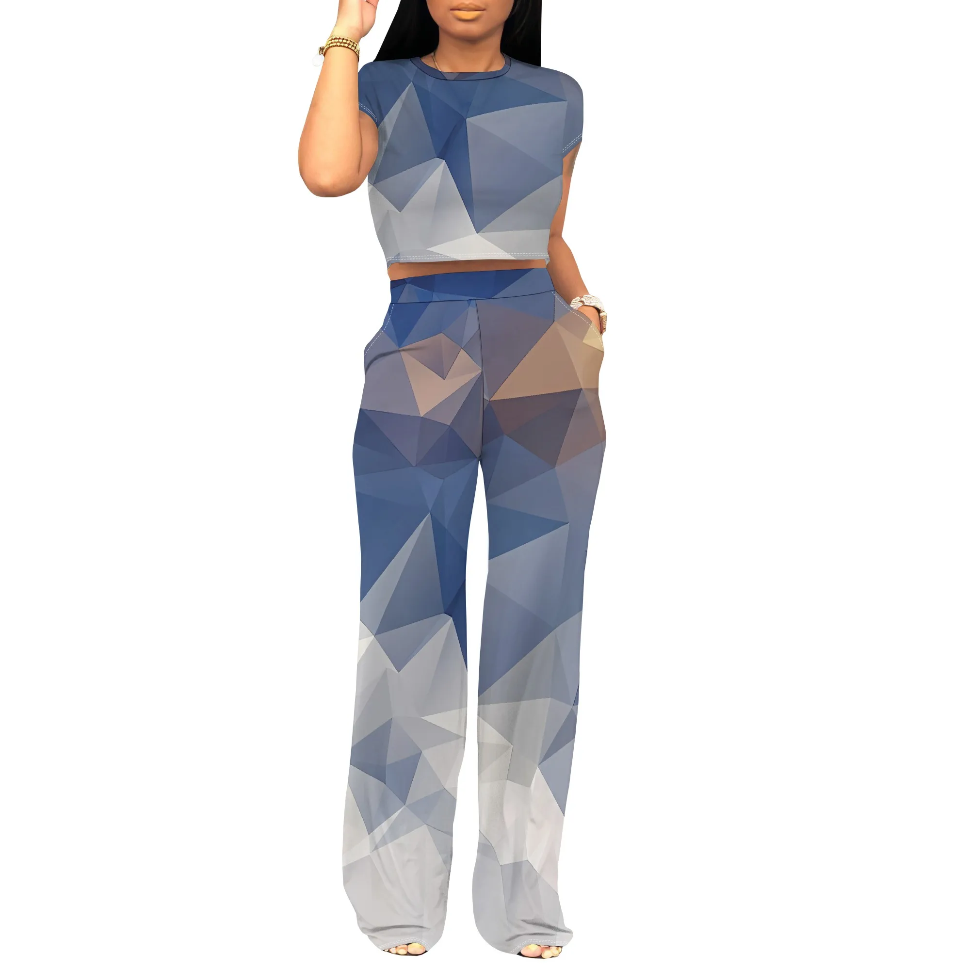 Nupusa 기하학 프린트 여성용 2 피스 세트 표준 사이즈 여름 캐주얼 크루 넥 반소매 의상