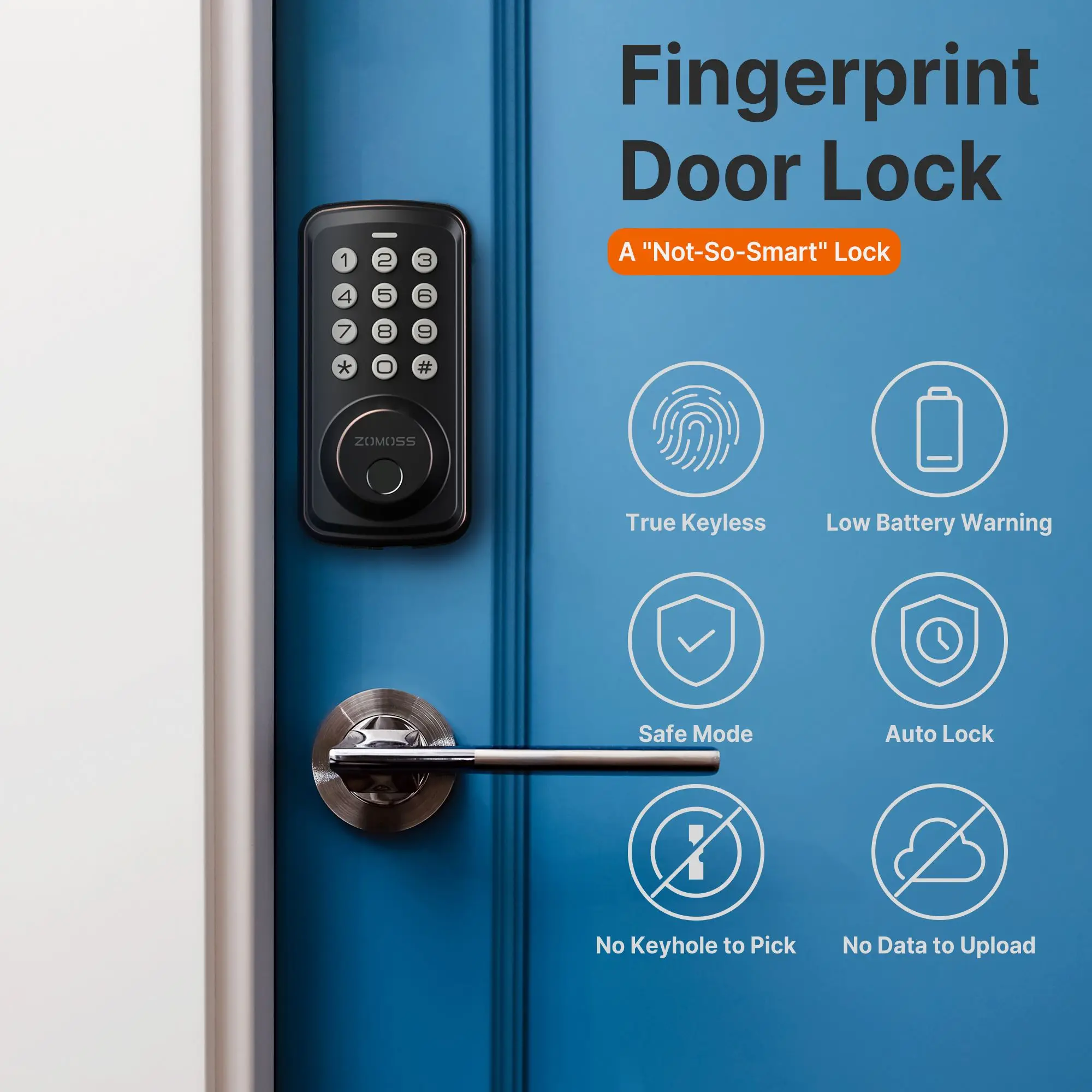 Zomoss Fingerprint Keyless Entry Door Lock Deadbolt, Two Back-up Keys, 20 Touch Locking And 20 User Codes, No handle