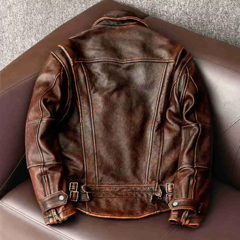 

2024 New style genuine Leather jacket Vintage Brown Cowhide Coat Men Slim Fashion Biker Asian Size S-6XL