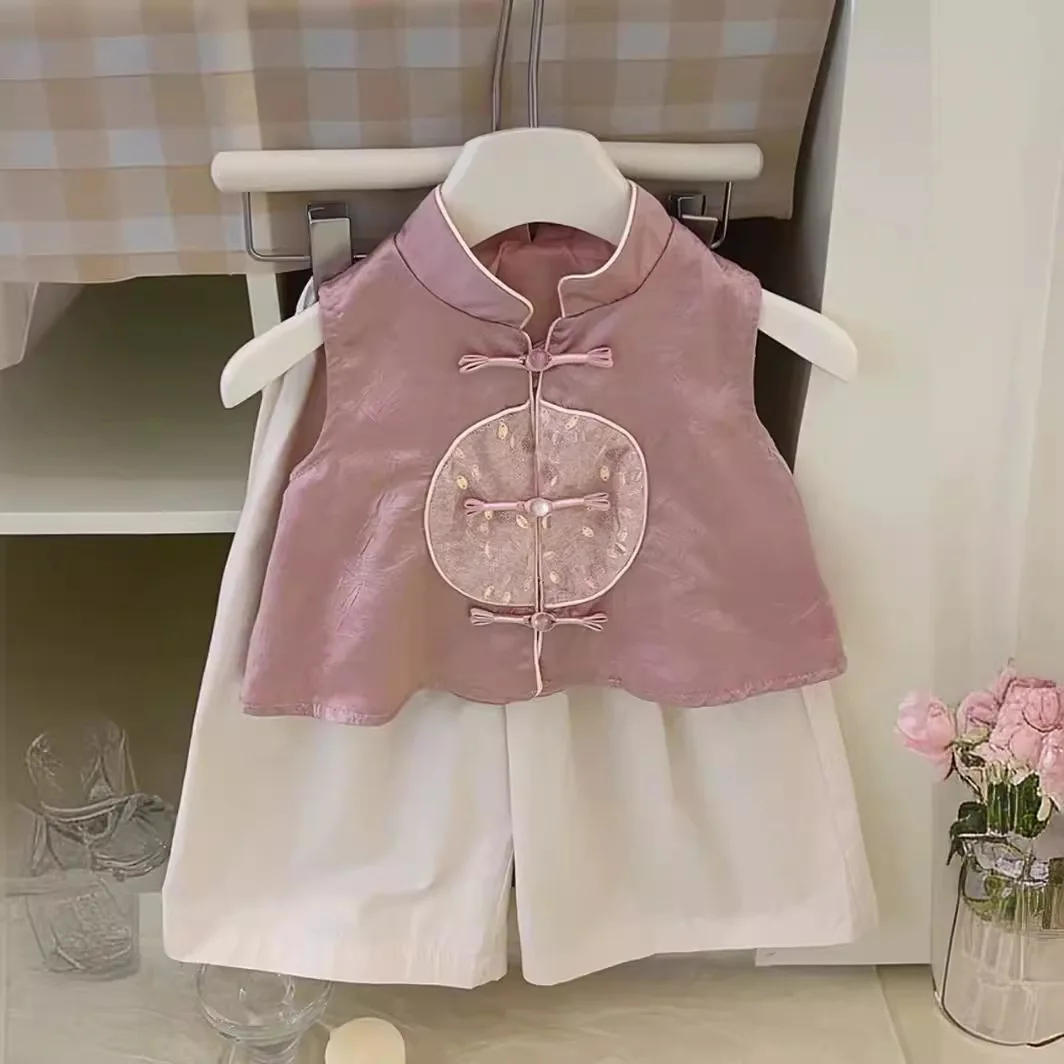 

Baby Girl Clothes Suit Girls Set 2024 Summer Children Two-piece Embroidered Tang Waistcoat Fashion Casual Comfort Pants