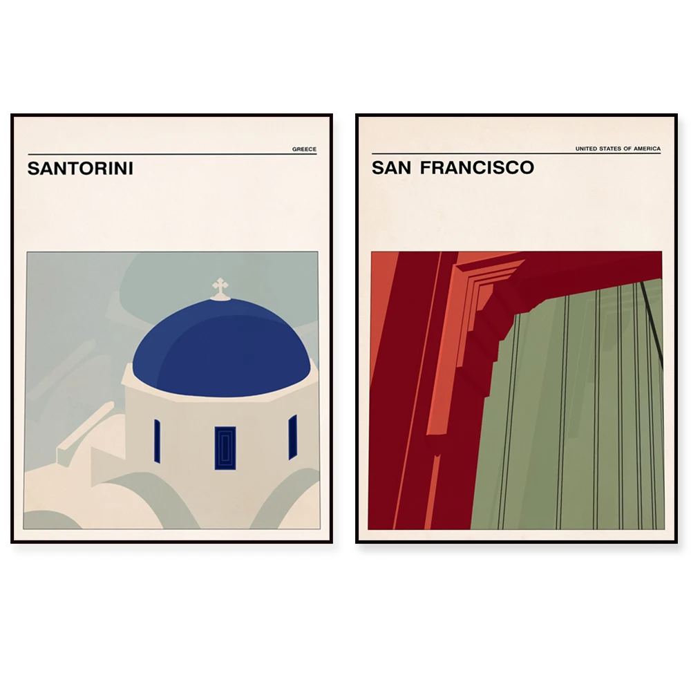 Berlin Bauhaus Archives, Sopot, Leśna Opera House, Matosinhos, San Francisco, Turin, Thira, Greece, Barcelona Travel Poster