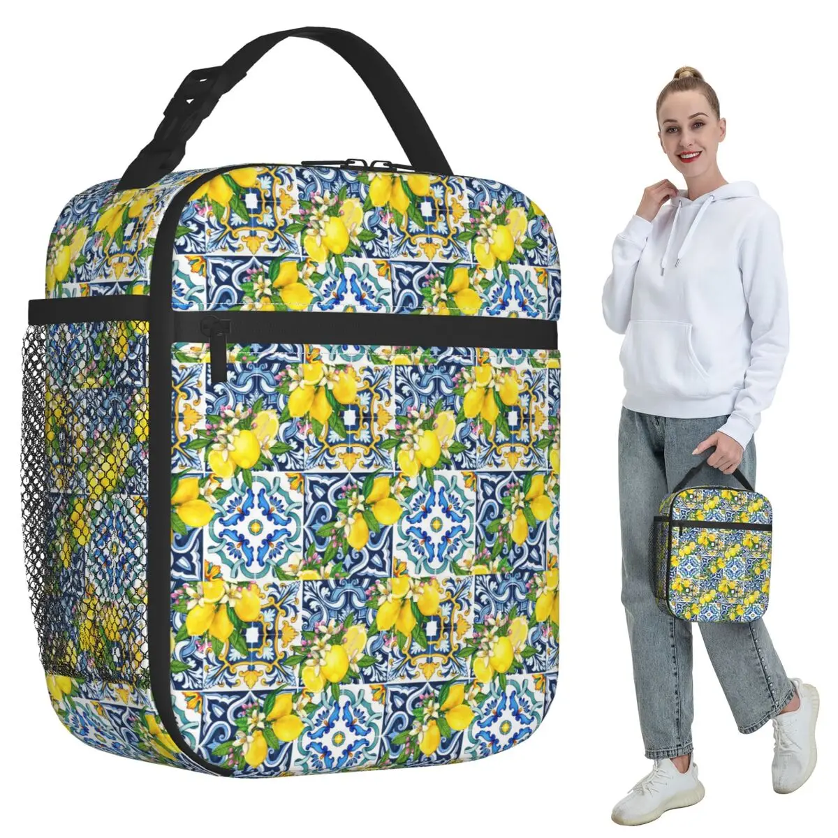 

Bright Mediterranean Sicilian Tiles With Citrus Lemons Insulated Lunch Bag Cooler Thermal Food Box Tote Portable Lunch Boxes