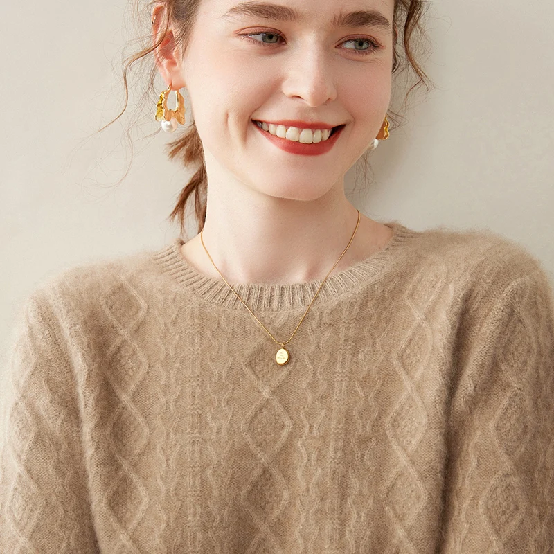 

Autumn And Winter New Cashmere Sweater Female O-Neck Long Sleeve Casual Warm Solid Color Diamond Twisted Knit Pullover Sweater