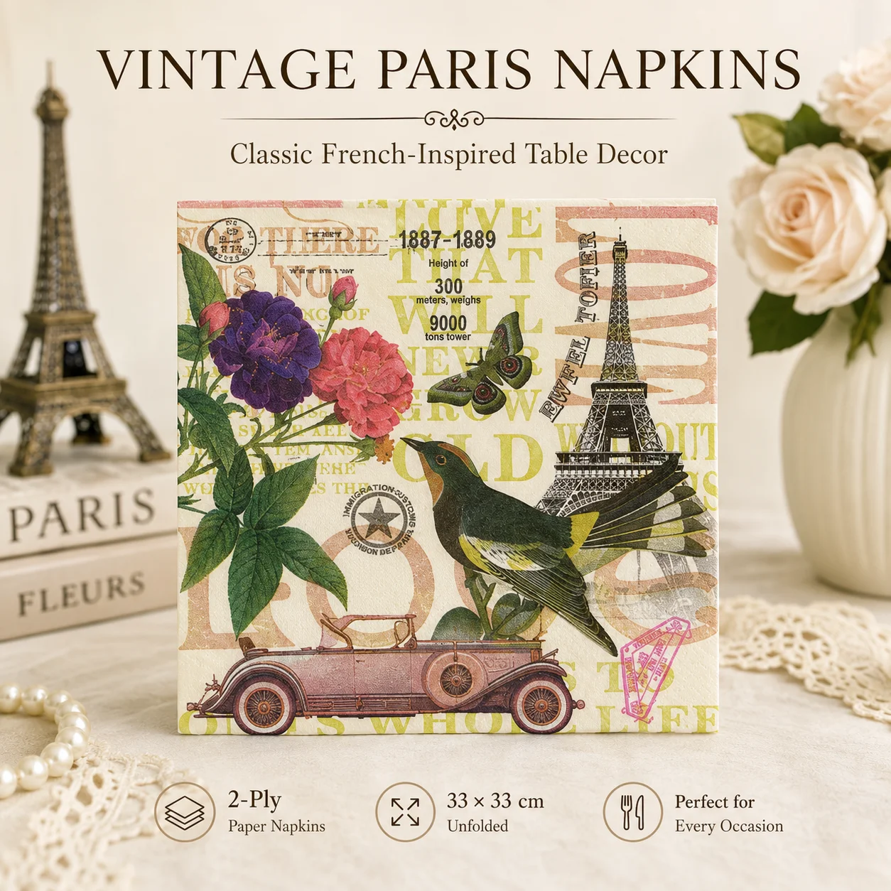 20/60PCS Vintage Paris Paper Napkins 2-Ply 33x33cm Eiffel Tower Floral Bird Serviettes for Wedding Party Table Decor