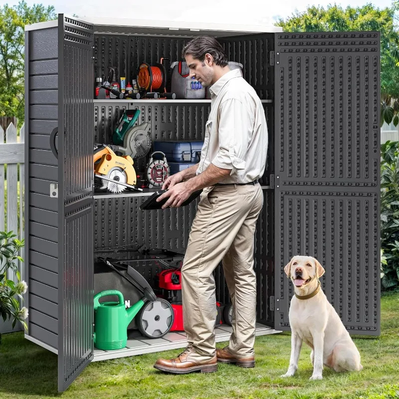 

Outdoor storage shed, lockable resin waterproof storage cabinet for patio furniture, pool accessories and garden tools