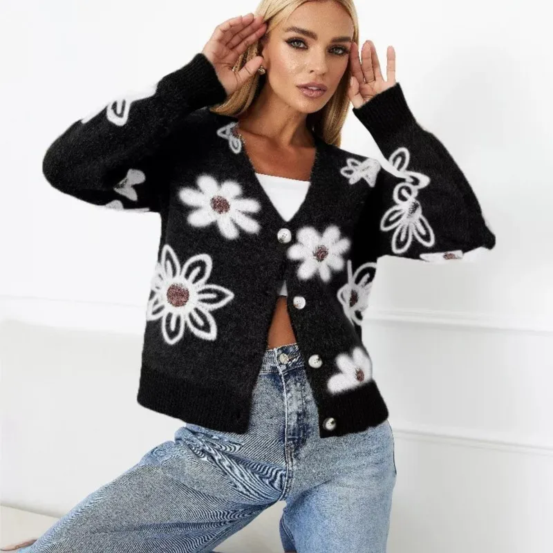

Women's chic floral Jacquard Sweater Knitted Cardigan V-neck Simple Casual Design Fashion Soft Niche Versatile coat