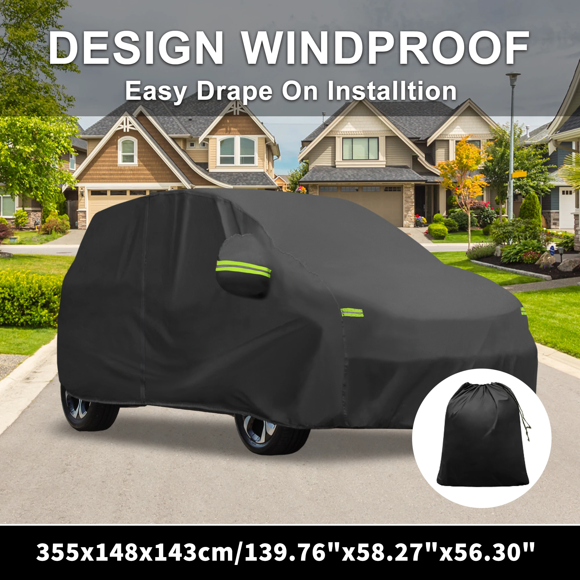 X Autohaux Waterproof Car Cover Aluminum Film Car Outdoor Full Car Cover for Suzuki Alto with Rope Hook 355x148x143cm Black