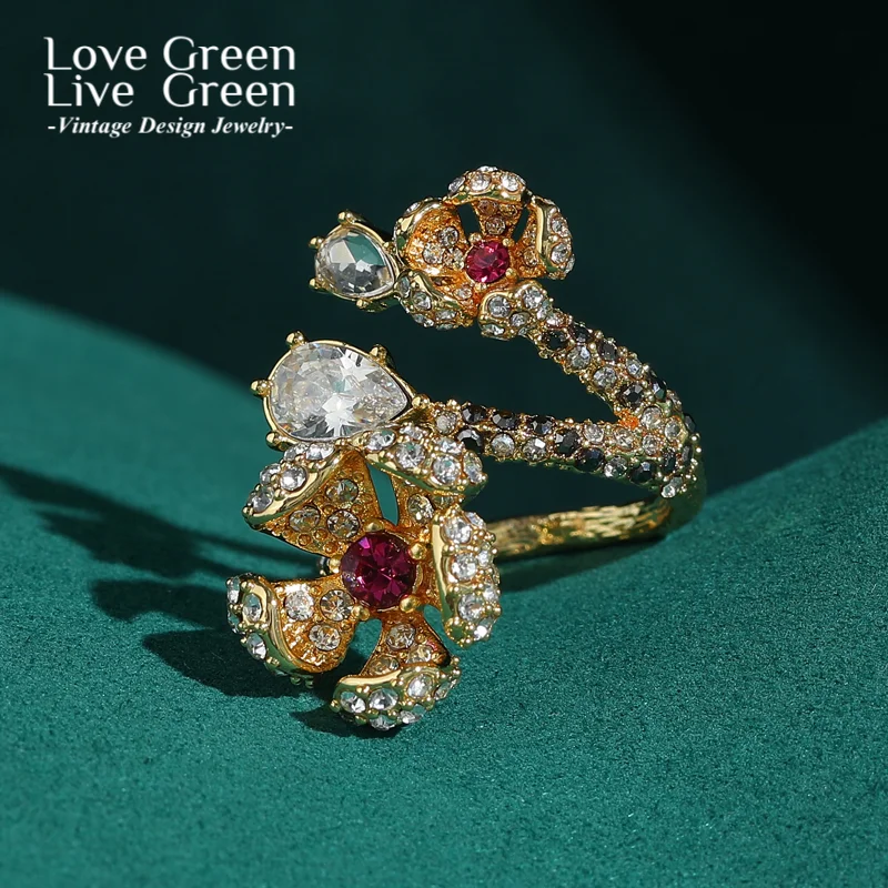 

Vintage Natural Stone Double Big Flower Rings Open Rhinestone Gold Color For Woman Accessories Jewelry Trends 2025 New Wedding