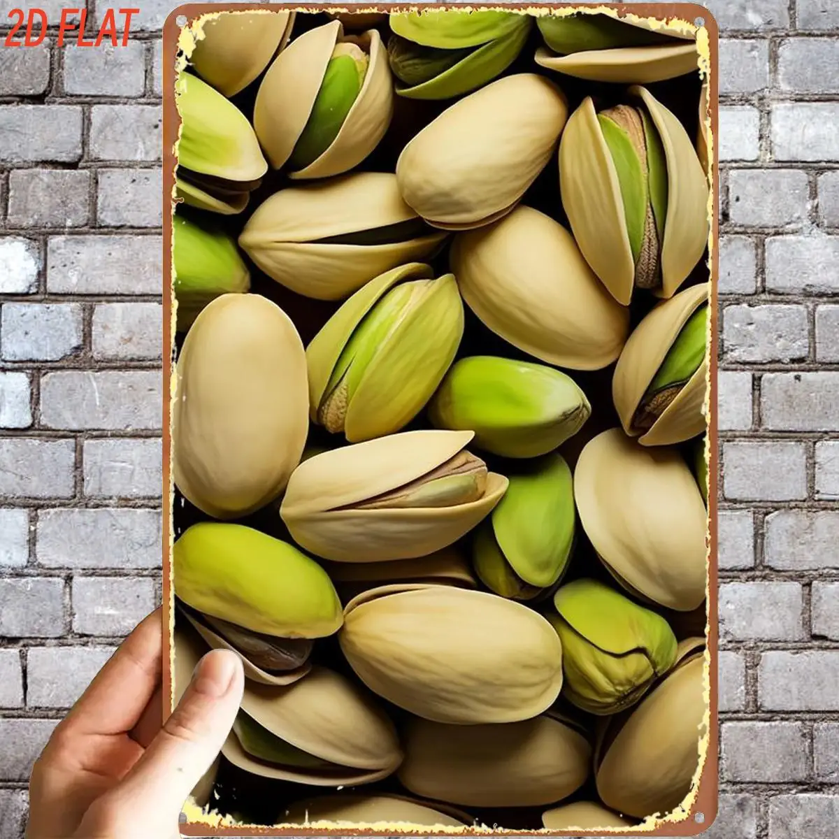 2D Flat, 2D Flat,1pc, Retro Roasted Pistachios Raw Green Nuts Metal Iron Sign, Pre-Drilled Holes, Suitable for Indoor, Garden,Ou