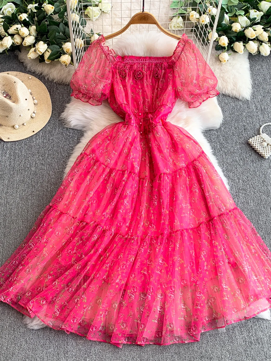 Princ Sle Sweet Floral Print Square Ne Bubble Sve Dr Women's Autumn Winter Slimming A-Line Long Dr with Hem