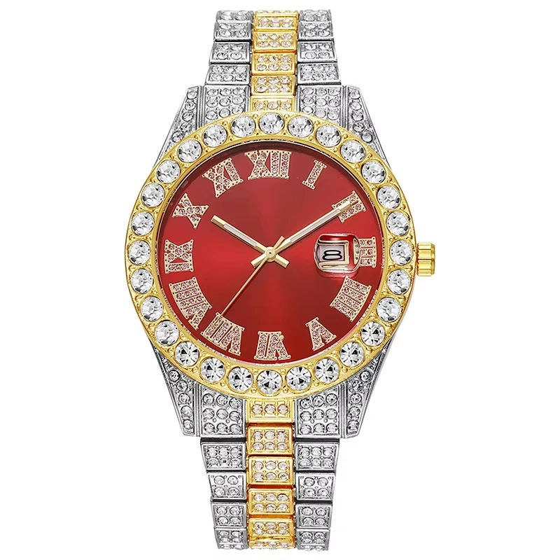 Bling Bling Full Diamond Men Wristwatch Iced Out Roman Dial Date Display Alloy Strap Hip Hop Fashion Quartz Watch For Men