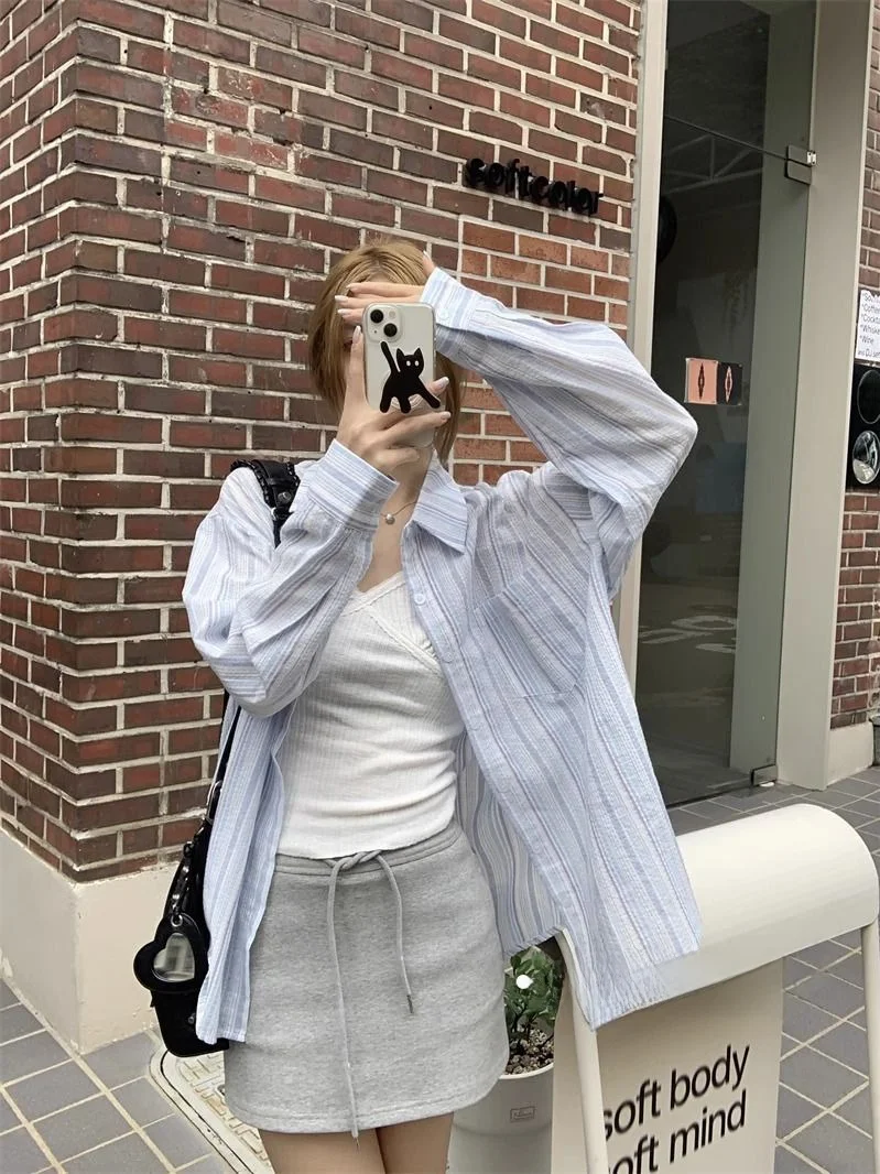 

Ele Long Sve Striped Sun Protection irt Women's Loose Fit Winter Lazy Salt System Outfit Design Coat Anti-Wrinkle