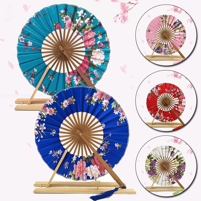 New Japanese Style Sakura Flower Pocket Folding Hand Fan Round Circle Wedding Party Decor Gift Bamboo Windmill Fan Home Decor