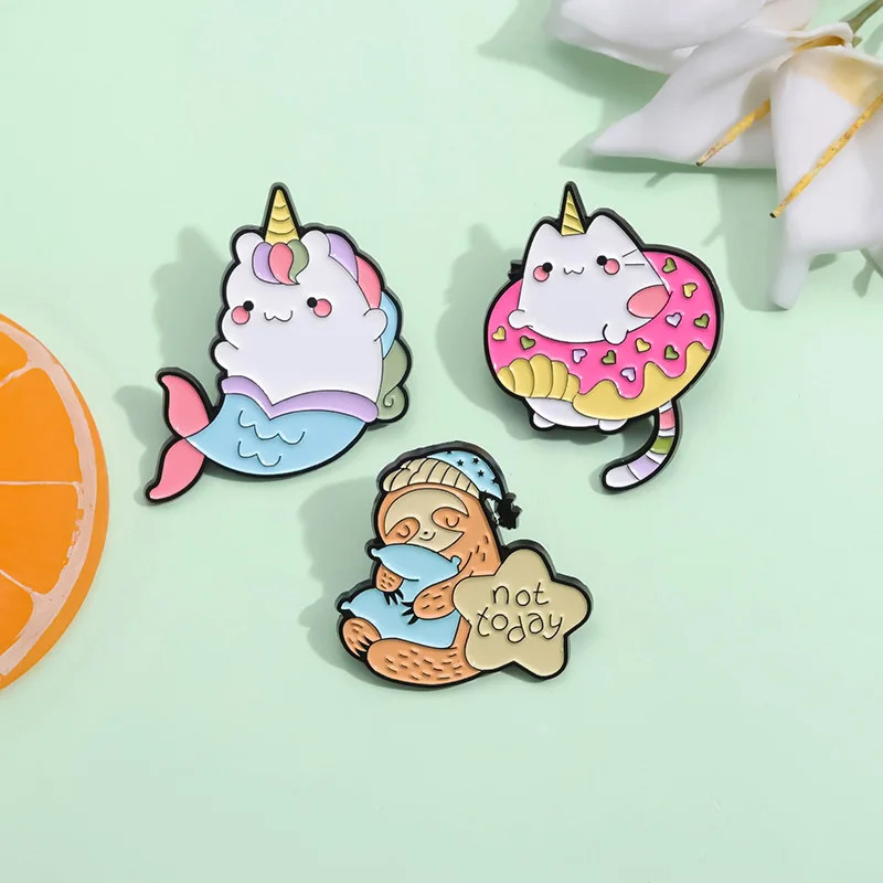 Cartoon Stupid And Cute Unicorn Fish Tail Shape Metal Enamel Brooch Sweet And Cute Cat Diamond Donut Shape Emblem Pin Jewelry