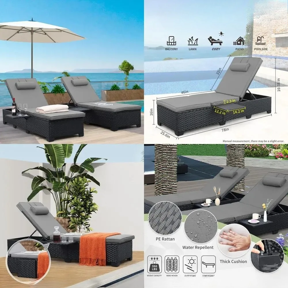 Wicker Reclining Chaise Lounge Chairs for Patio, Black Rattan Sunbathing Furniture Set