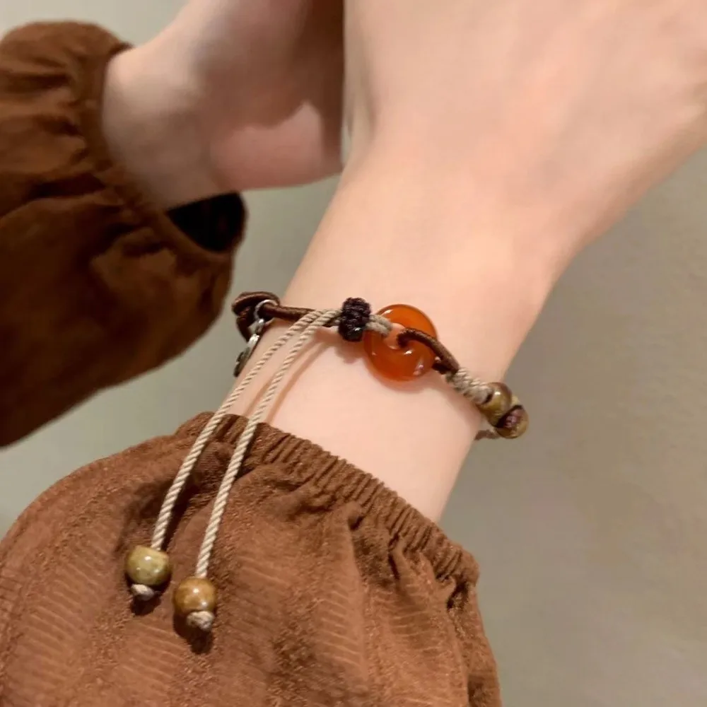 Chinese Style Woven Rope Bracelet Amber Colored Handmade Women Bracelets Adjustable Ethnic Style Coffee Peace Buckle Chain