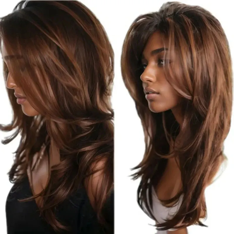 Trendy European And American Wig Gradient Color Highlighted Synthetic Fiber Long Curls Middle Part Wig for Women