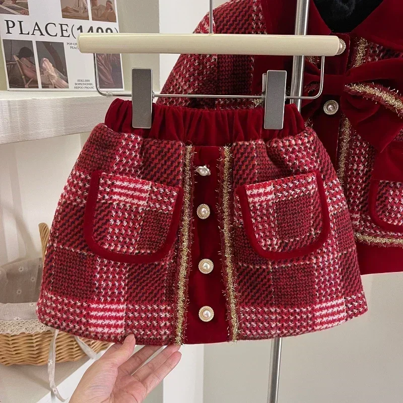 Girl\'s Suit Winter New Wine Red Plaid Girl\'s Small Fragrance Tweed Temperament Long Sleeve Coat + Cotton Skirt Suit