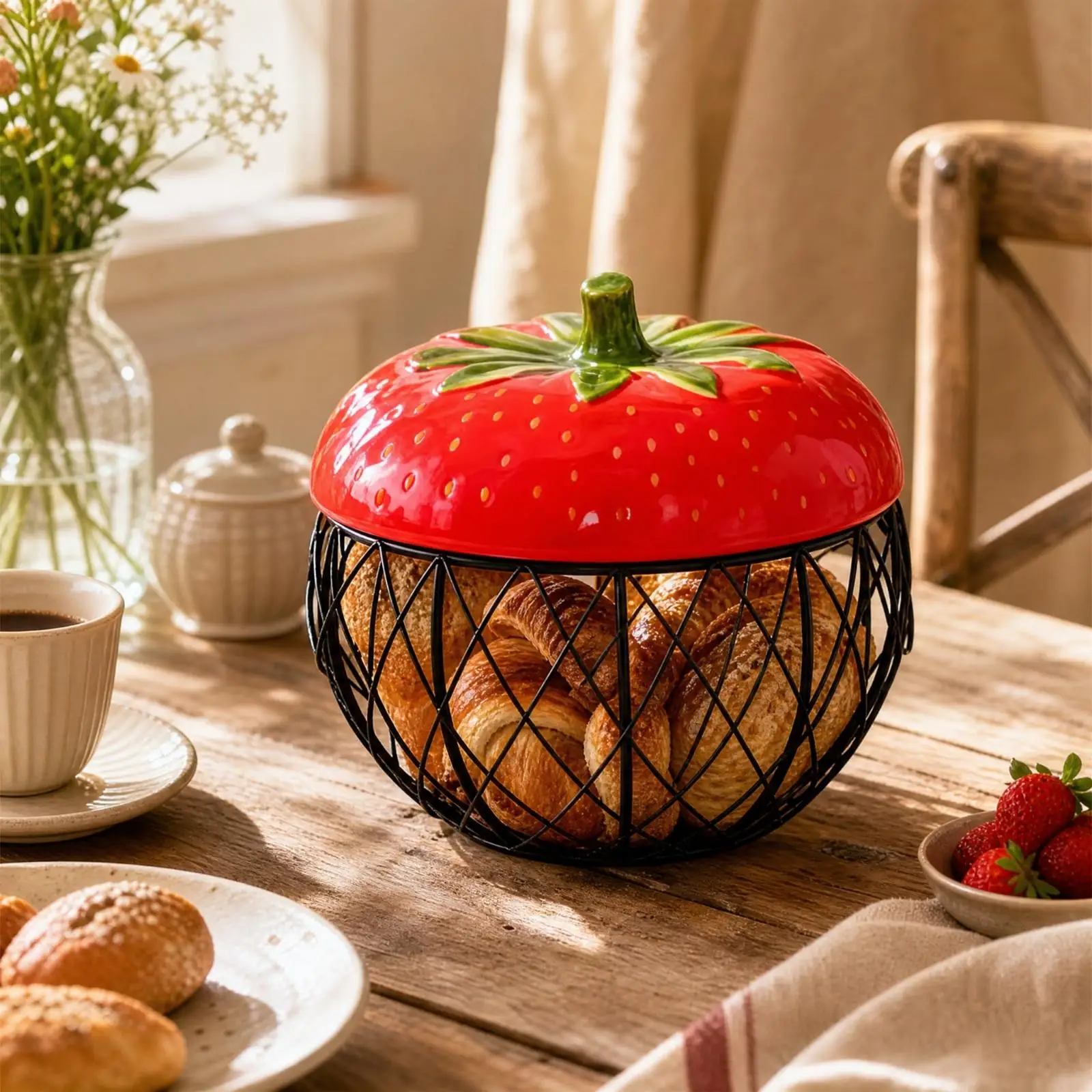 Ceramic Lid Storage Basket Metal Wire Fruit Holder for Kitchen Counter Vegetable Egg Bread Pantry Shelf
