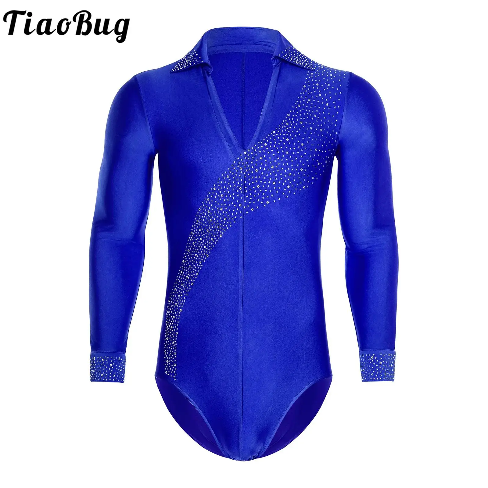 

Adults Men Latin Dance Jumpsuit Long Sleeve Rhinestones Dance Bodysuit Modern Latin Dancewear for Competitions Dance Activities