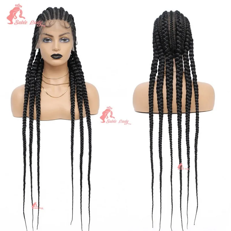 Synthetic Full Lace Frontal Cornrow Braided Wigs With Baby Hair Jumbo Box Braided Lace Wig Faux Locs Goddess Wigs For Women