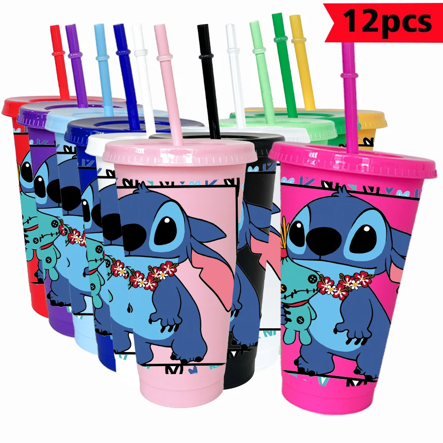 

12Pcs/pack Disney Stitch Floral 26oz Colored Plastic Tumbler Birthday Party Drinking Utensils Juice Coffee Mug