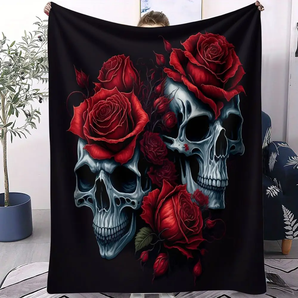 Skull Red Rose Gothic Print Blanket Flannel Blanket Throw Blanket Warm Blanket Gift Blanket Dark Adult Bedroom Lap Mat