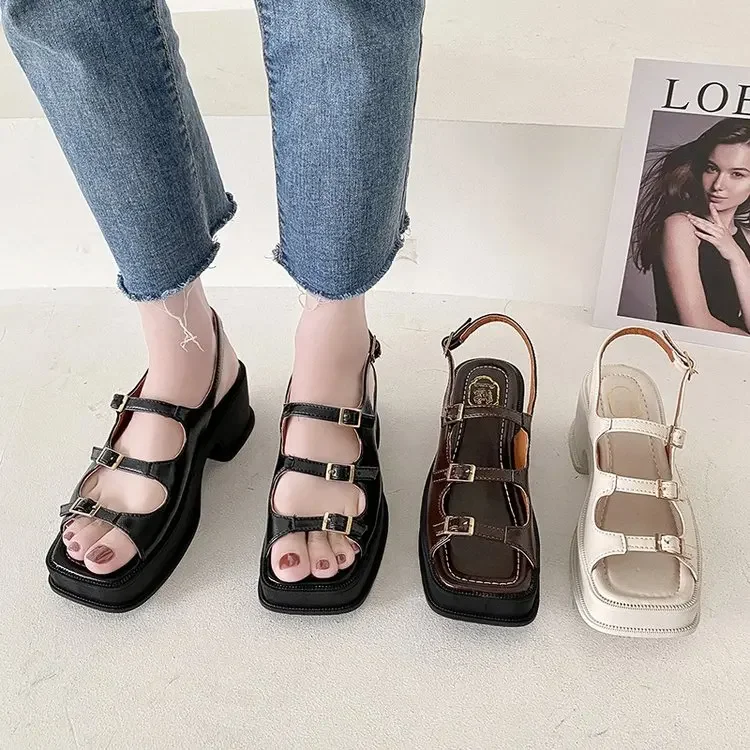 2022 New Platform Sandals Ladies High Heels Summer Women\'s Shoes Wedge Sandals Open Toe Shallow Solid Color Buckle Casual