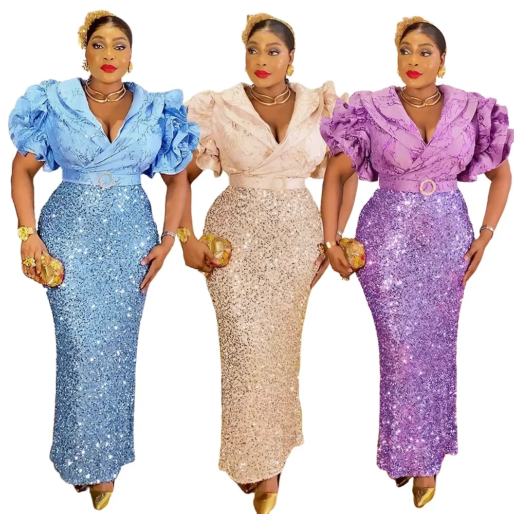 

Plus Size Evening Dresses for Women African Luxury Sequin Gown Elegant Turkey Wedding Party Long Dress Ankara Ladies Clothing