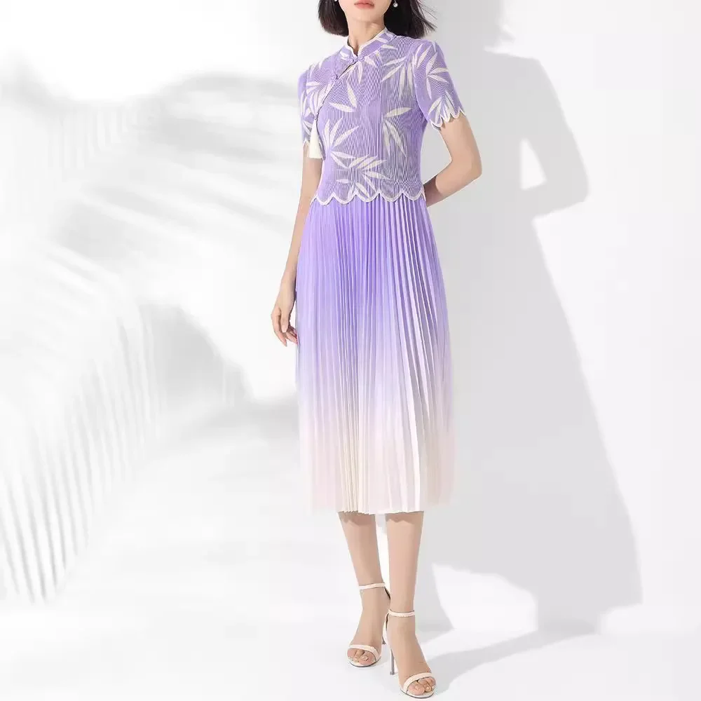 

Miyake New Chinese Style Cheongsam Printed Dress 2024 Women's Summer New High-end Gradient Pleated Pleated Skirt