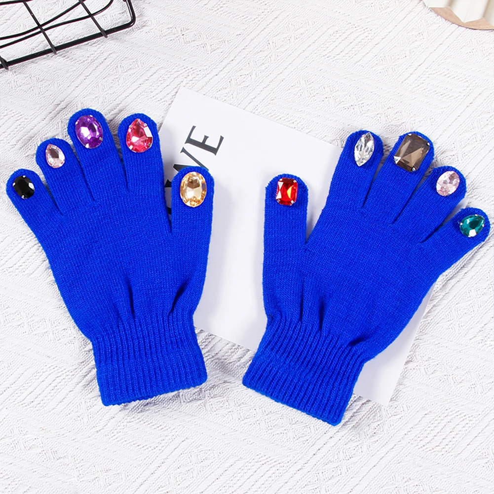 Female Gloves Full Finger Mittens Rhinestone Inlaid For Winter Fashion Warm Gloves Outdoor Cold Protection Knitted Glove