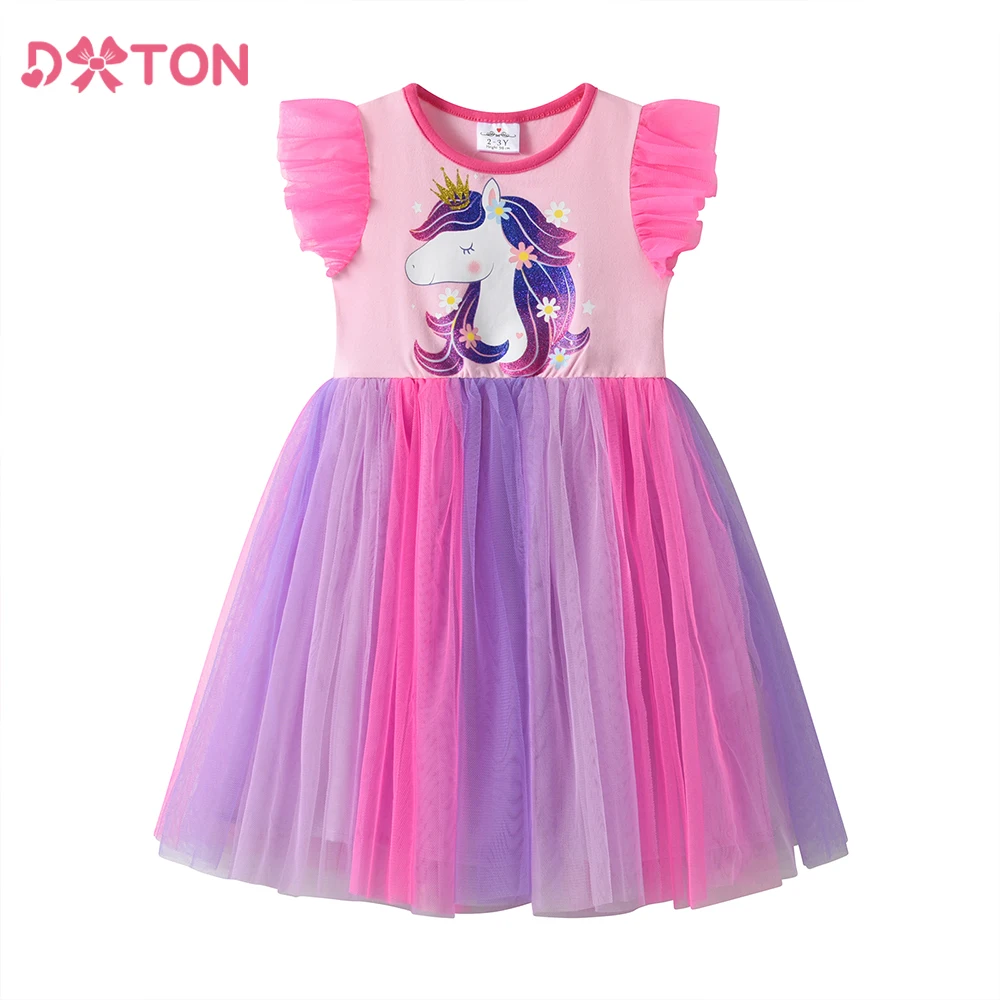 

DXTON детские платья без рукавов, летние каникулы, детское платье для девочек, градиентное фатиновое лоскутное платье с единорогом, милая одежда с героями мультфильмов для малышей
