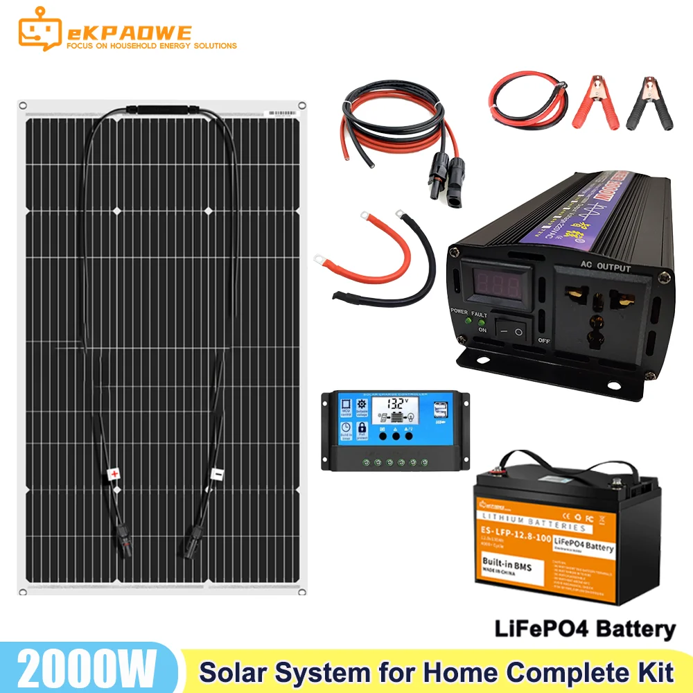 2000W Solar System For Home Complete Kit With 100W 200W 400W Solar Panel 30A Charge Controller 220V Inverter 1280Wh LFP Battery