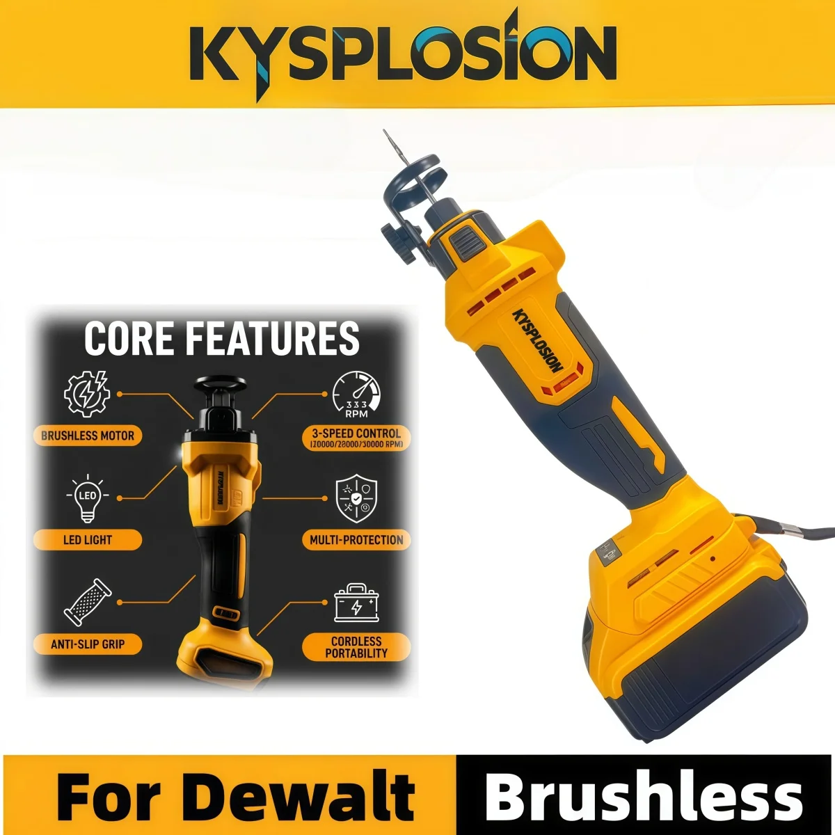 Brushless Cordless Drywall Cut‑Out Tool for Dewalt 20V Battery, 3‑Speed Adjustable Rotary Saw Max 30000 RPM