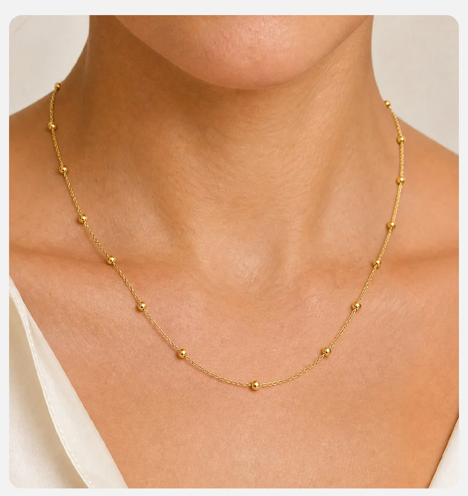 Vnox Minimalistische Vergoldete Spacer-Perlenkette für Damen, Trendige Edelstahl-Allzweckkette, Wasserdicht – Detail 2
