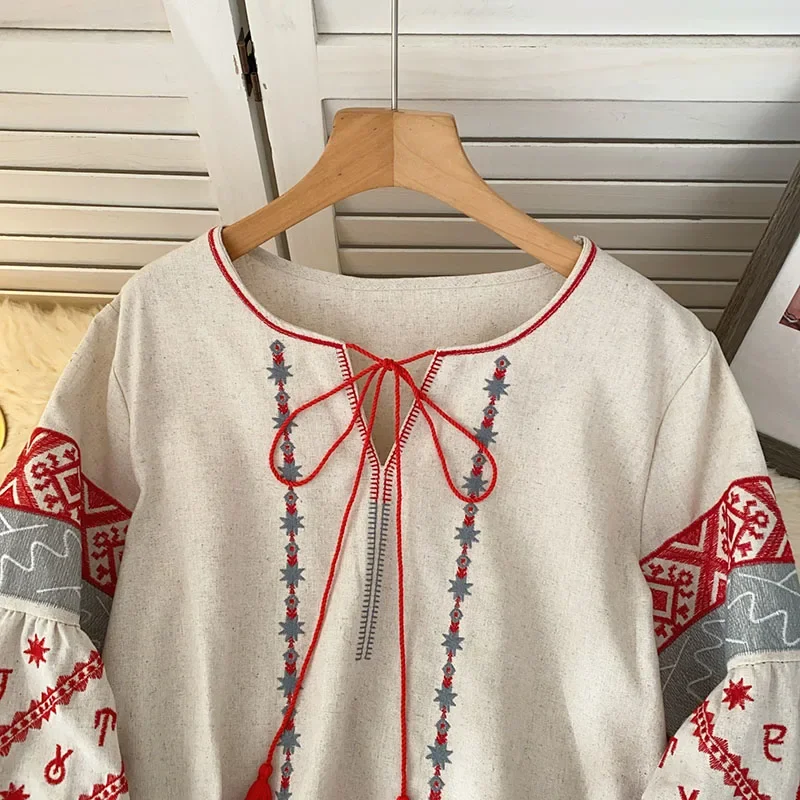 جديد المرأة بوهيميا بلوزة مطرزة الخريف الربيع س الرقبة طوق ربطة القوس فيونكة فانوس كم بلوزات Mujer الإناث بلايز BL021