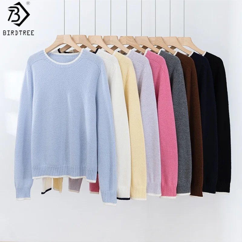 

Вязаный свитер Birdtree из 100% овечьей шерсти, женские свободные топы с круглым вырезом и длинными рукавами, осенне-зимняя теплая майка 2025 T59904JF