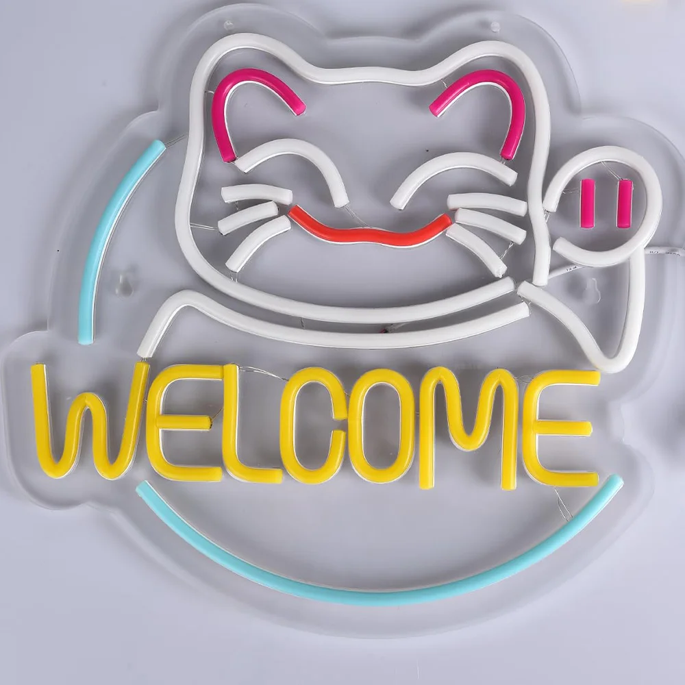 Fortune Cat Welcome Neon Sign for Business Dimmable LED Neon Light Wall Art Door Decor Ultra Bright Suitable