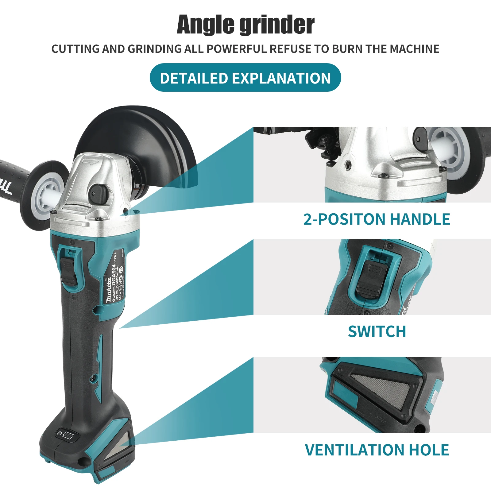 Makita DGA504 18V 125mm Brushless Lithium Electric Angle Grinder Rechargeable Polishing Machine Cutting Machine High Power