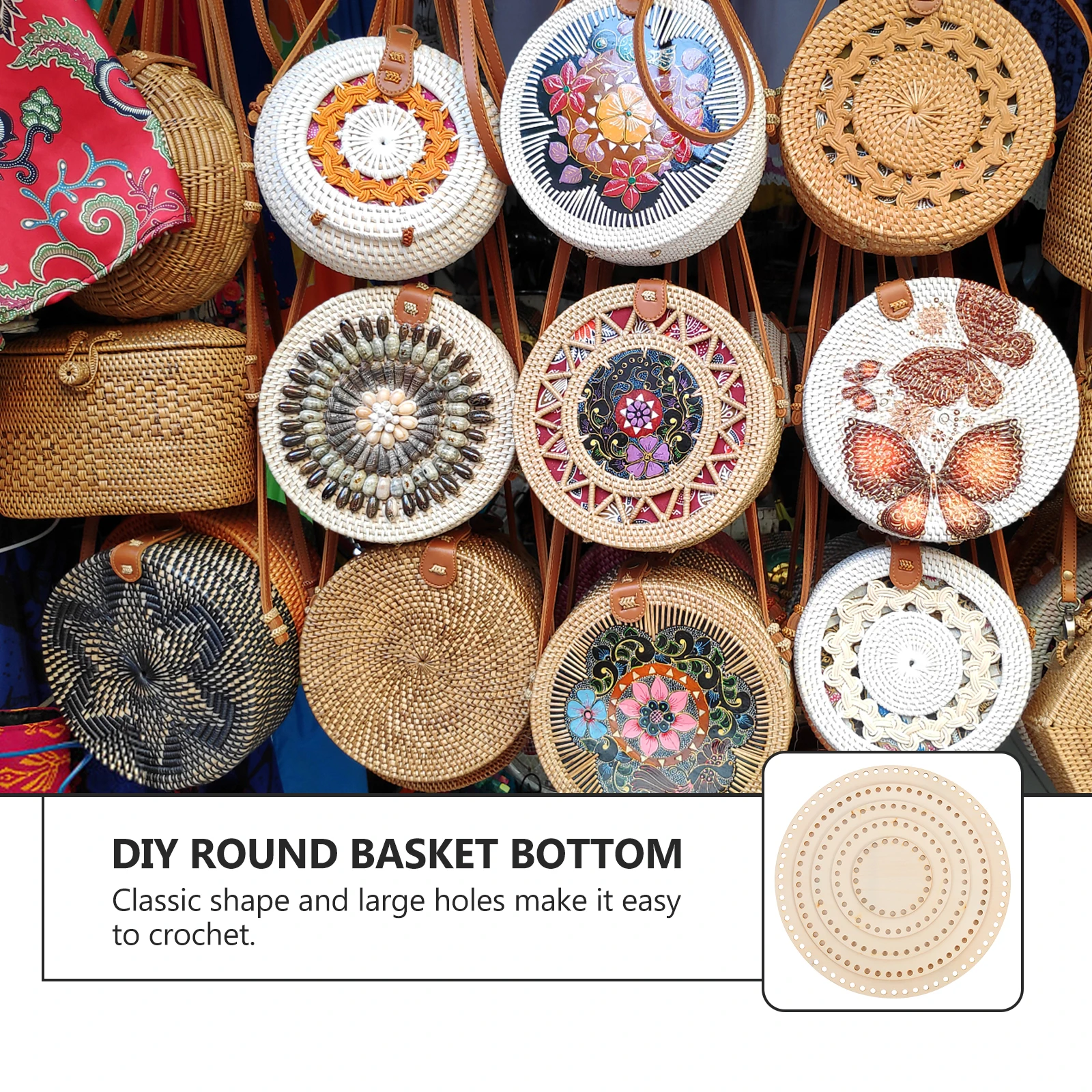 

5pcs Cross Stitch DIY Basket Round Wooden Bottom Handbag Crochet Supplies Unfinished Large Hole Thick Yarn Weaving Rope