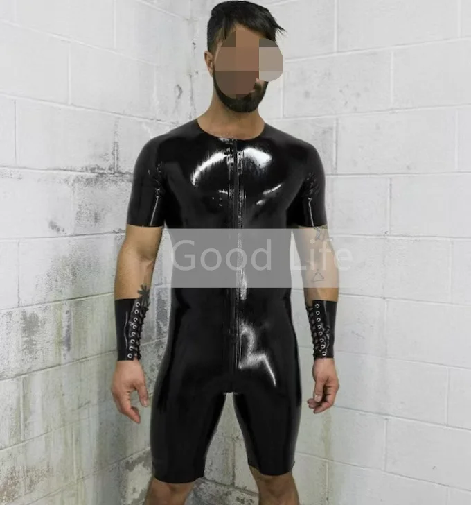 

Handmade Short Sleeve Latex Catsuit Wresting Bodysuits Half Pants Men's Tight Jumpsuit with Front to Crotch Zip Halloween Outfit