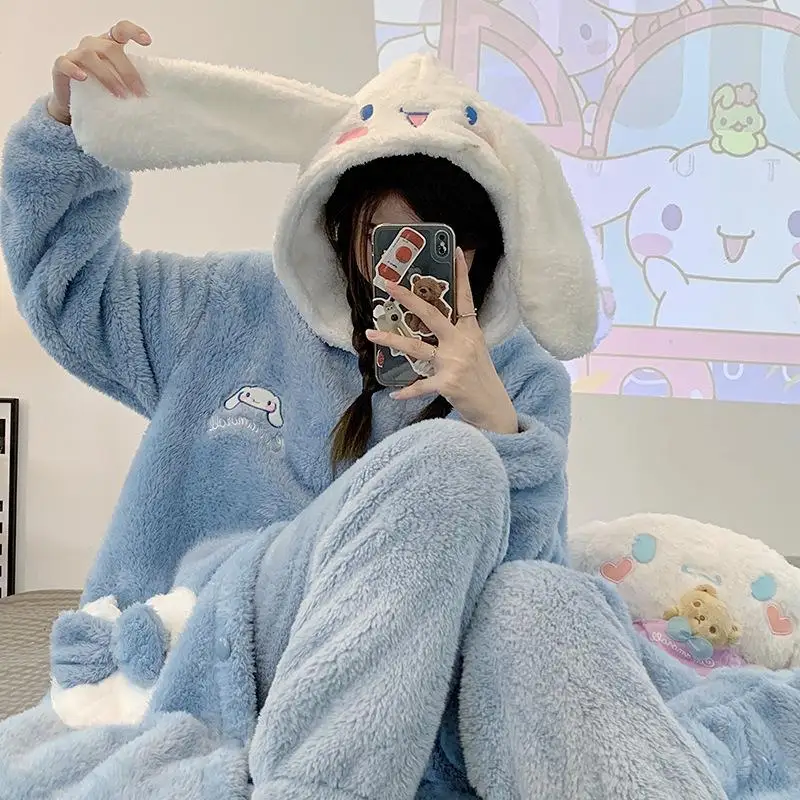 Sanrio Kit Thickening Hooded Robe Trousers Suit Kawaii Cinnamoroll Comic Fashion Student Go Out Keep Warm Pajamas Leisure Wear