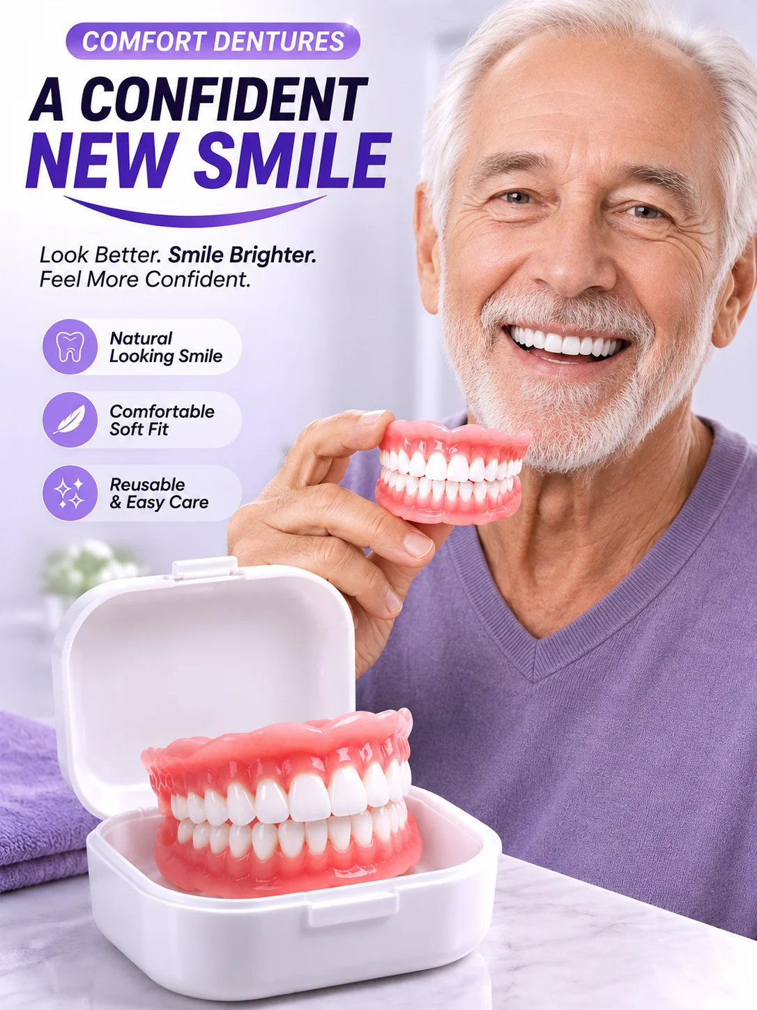 Natural Full Denture Set Upper Lower Silicone False Teeth for Men Women Instant Confident Smile Fake Tooth Oral Hygiene Care