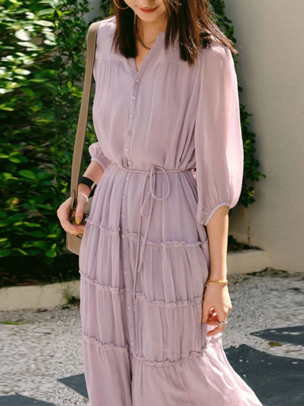 Ele Light Purple irt Dr V-Ne f Sve Waist-Cinching Tea Break Dr Women Summer Gentle Sle OL Commute Pure ...