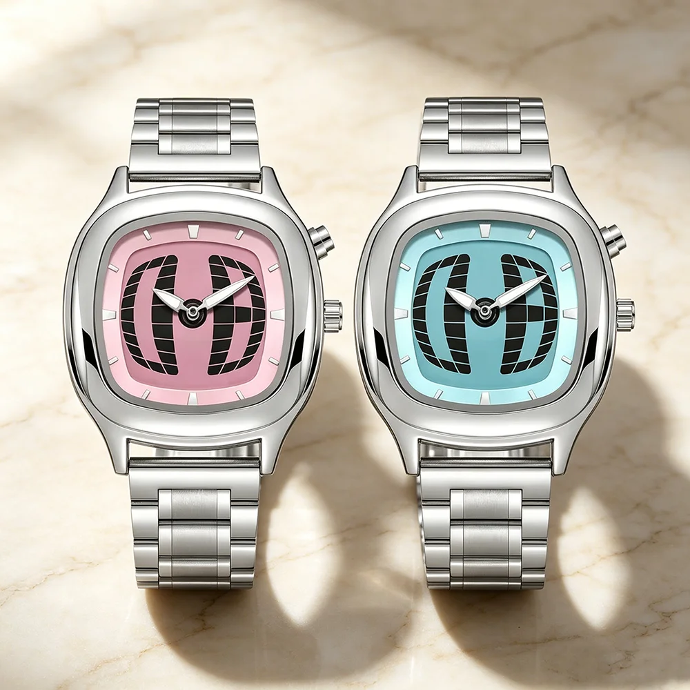 Nouvelle montre à quartz carrée pour homme, affichage numérique, cadran bicolore rose et bleu, bracelet en acier inoxydable, montre-bracelet décontractée et originale