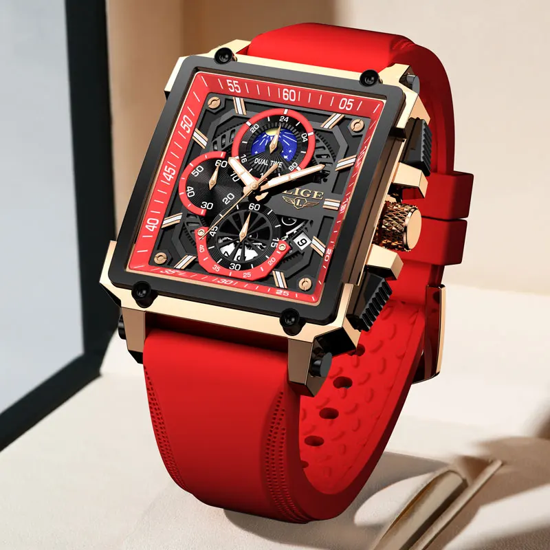 LIGE New Military Watch For Men Fashion Business Red Silicone Quartz Men Watch Top Brand Luxury Waterproof Sports Chronograph