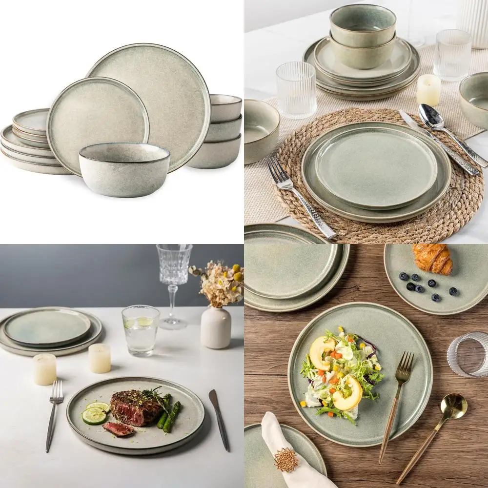 

Набор столовой посуды из камня с круглым реактивным глазурью на 4 человека: устойчивые к царапинам тарелки и миски для посудомоечной машины