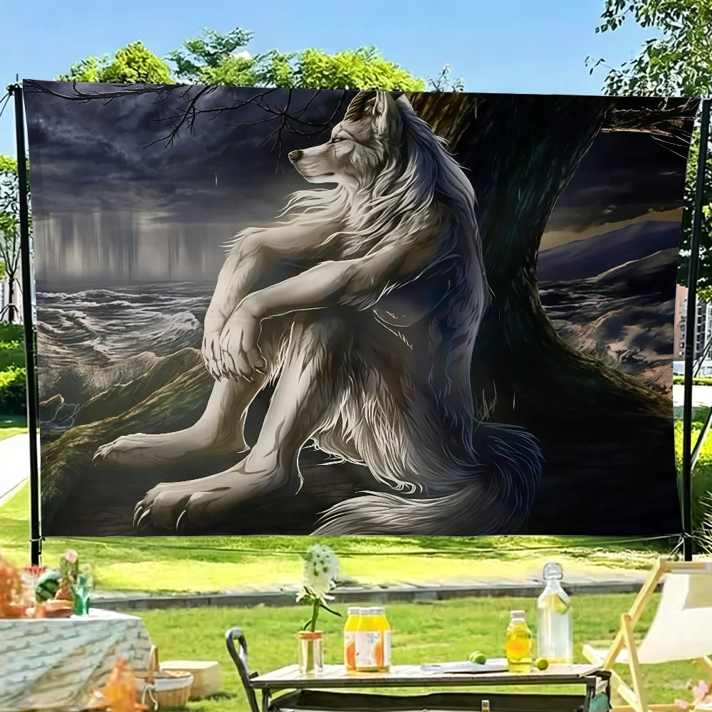 Funny Sad Emo White Wolf Sitting flag Tapestry Room Decoration Wall Tapestry Hanging Aesthetic Bedrooms Advertising Banner